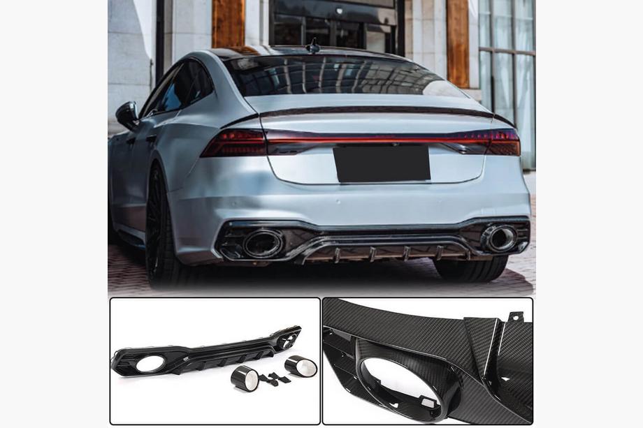 Audi A7 2018- Diffuseur arrière avec sorties d'échappement (pour S-Line 2018-2022, Carbone Sec) Photo 1