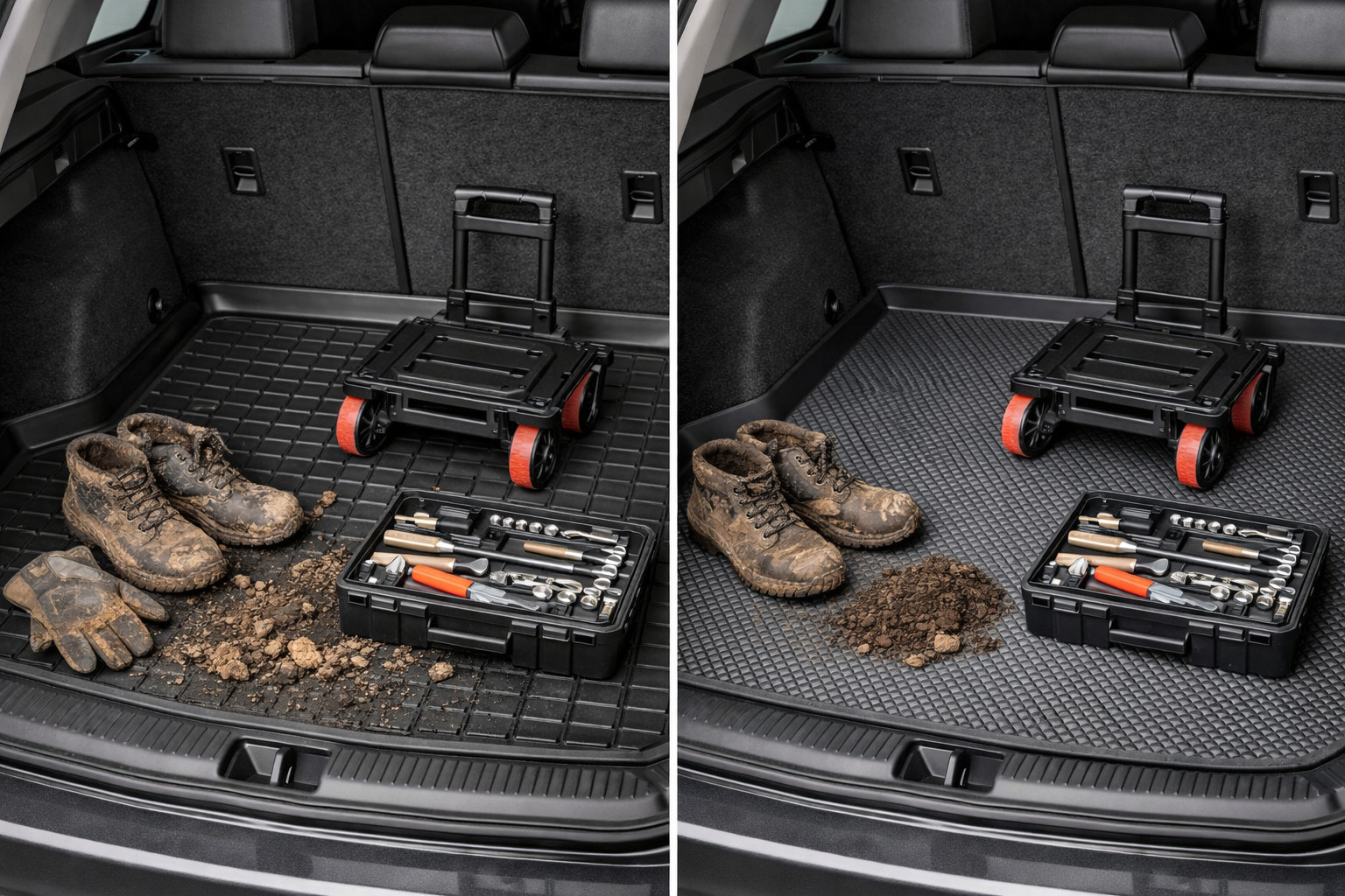 Tapis de coffre en caoutchouc ou EVA : lequel est le mieux pour poussette, outils et saleté ?