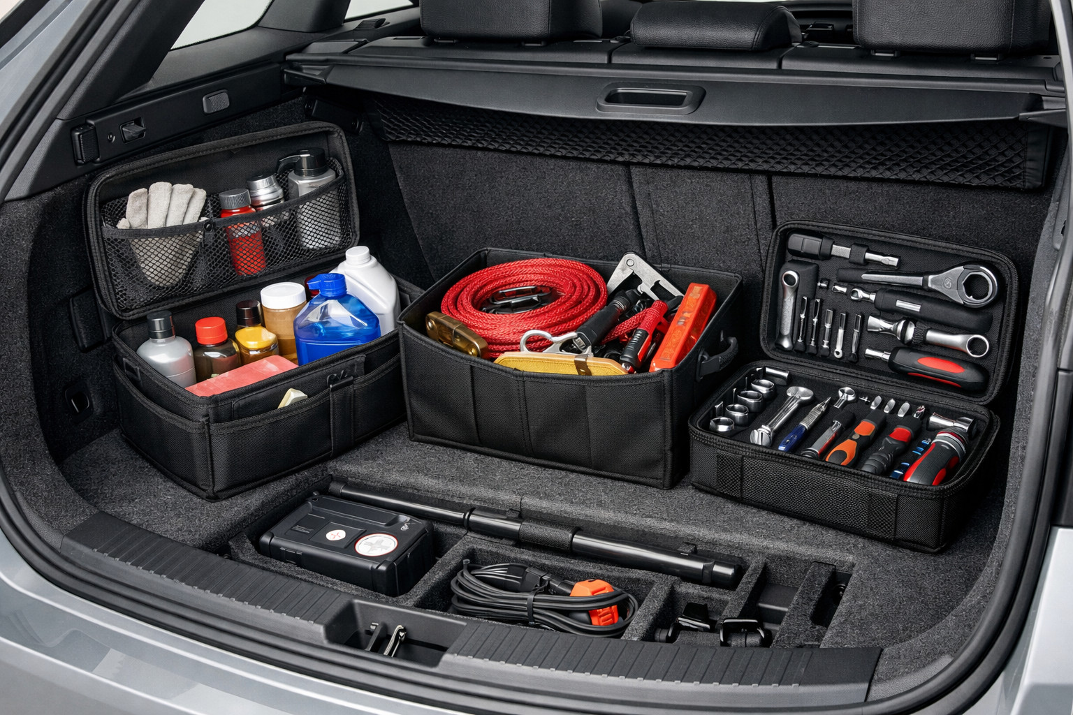 Comment ranger proprement produits auto, câbles de remorquage et outils dans le coffre