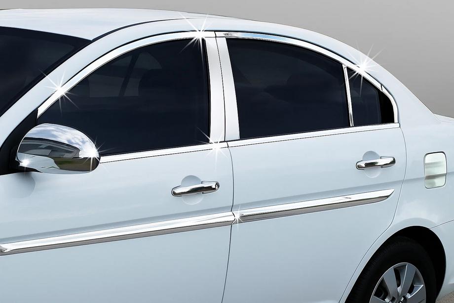 Hyundai Accent 2006-2010 Ensemble complet de contours de vitres inox (14 pièces) Photo 1